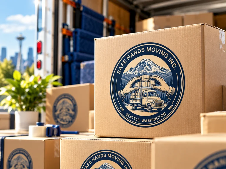 Brand illustration showing a close-up of cardboard boxes with the Safe Hands Moving seal