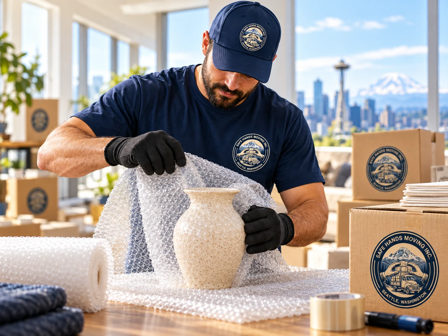 Brand illustration of a mover protecting a ceramic vase with bubble wrap and gloves