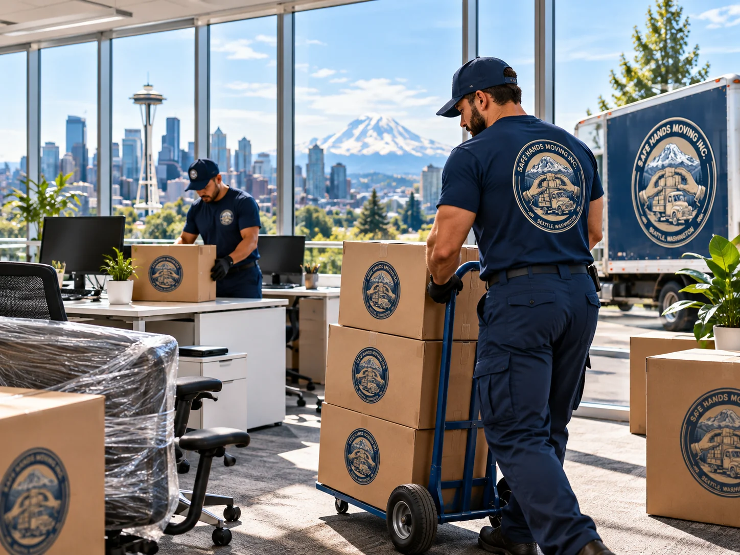 Brand illustration of an office relocation with a mover, hand truck, boxes and desks