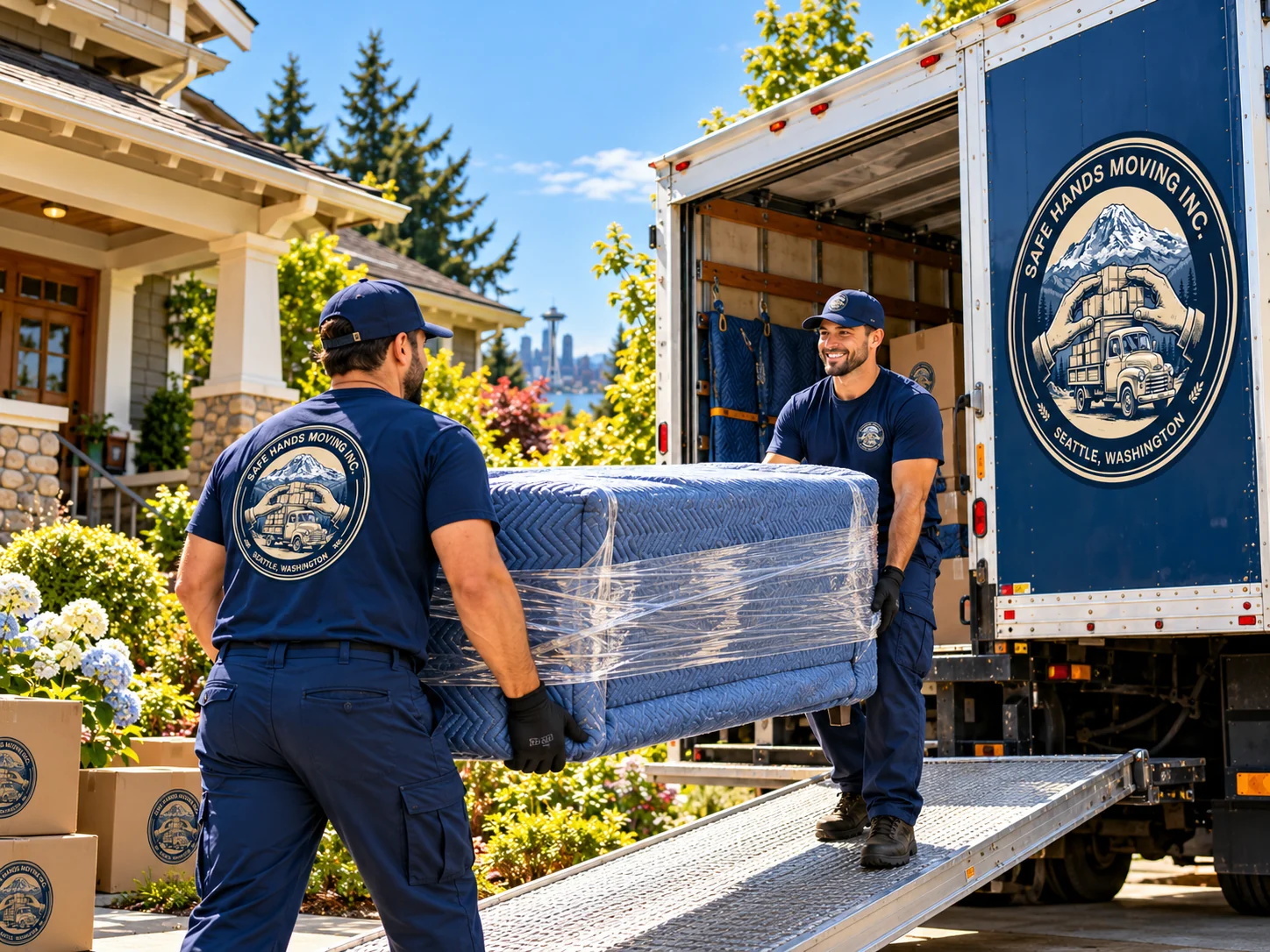 Brand illustration of two movers carrying a protected sofa up a ramp into a navy moving truck