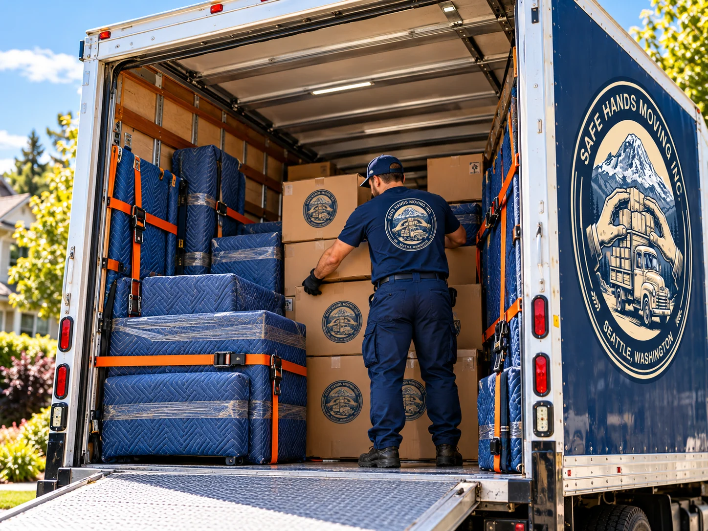 Brand illustration of a mover arranging boxes and wrapped furniture inside a moving truck