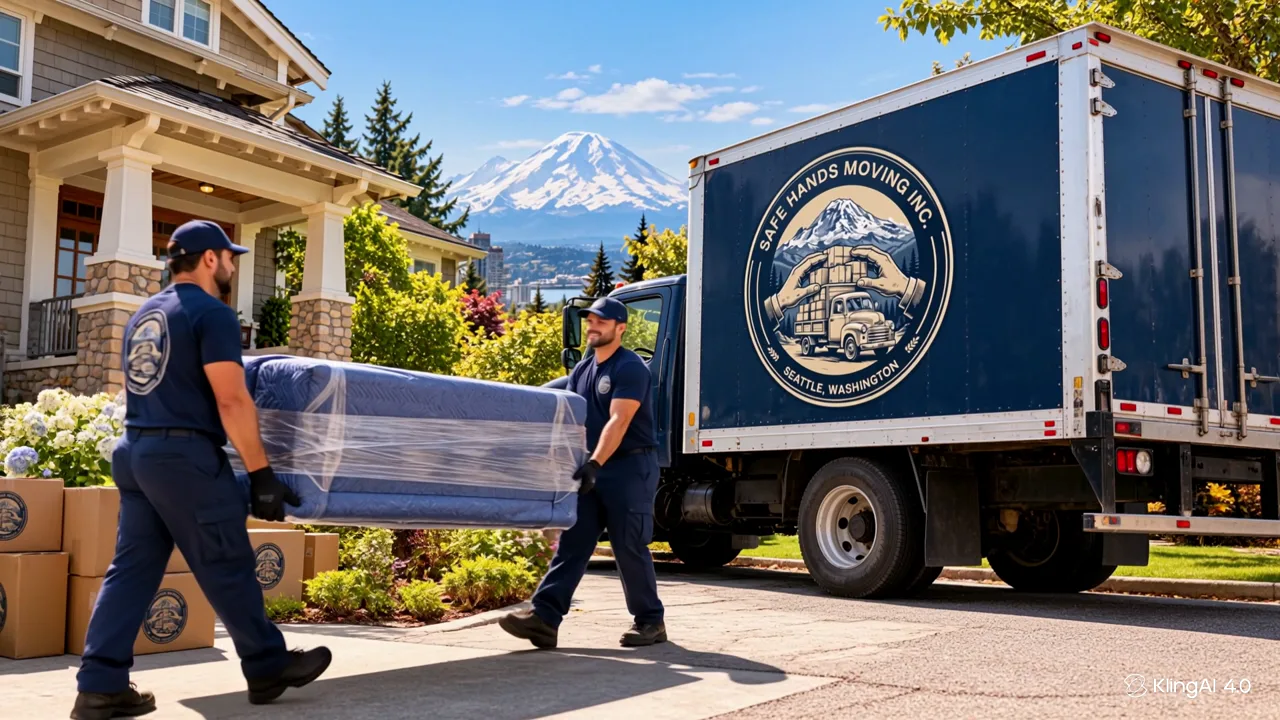 AI-generated illustration of movers carrying a protected sofa beside a navy Safe Hands Moving truck